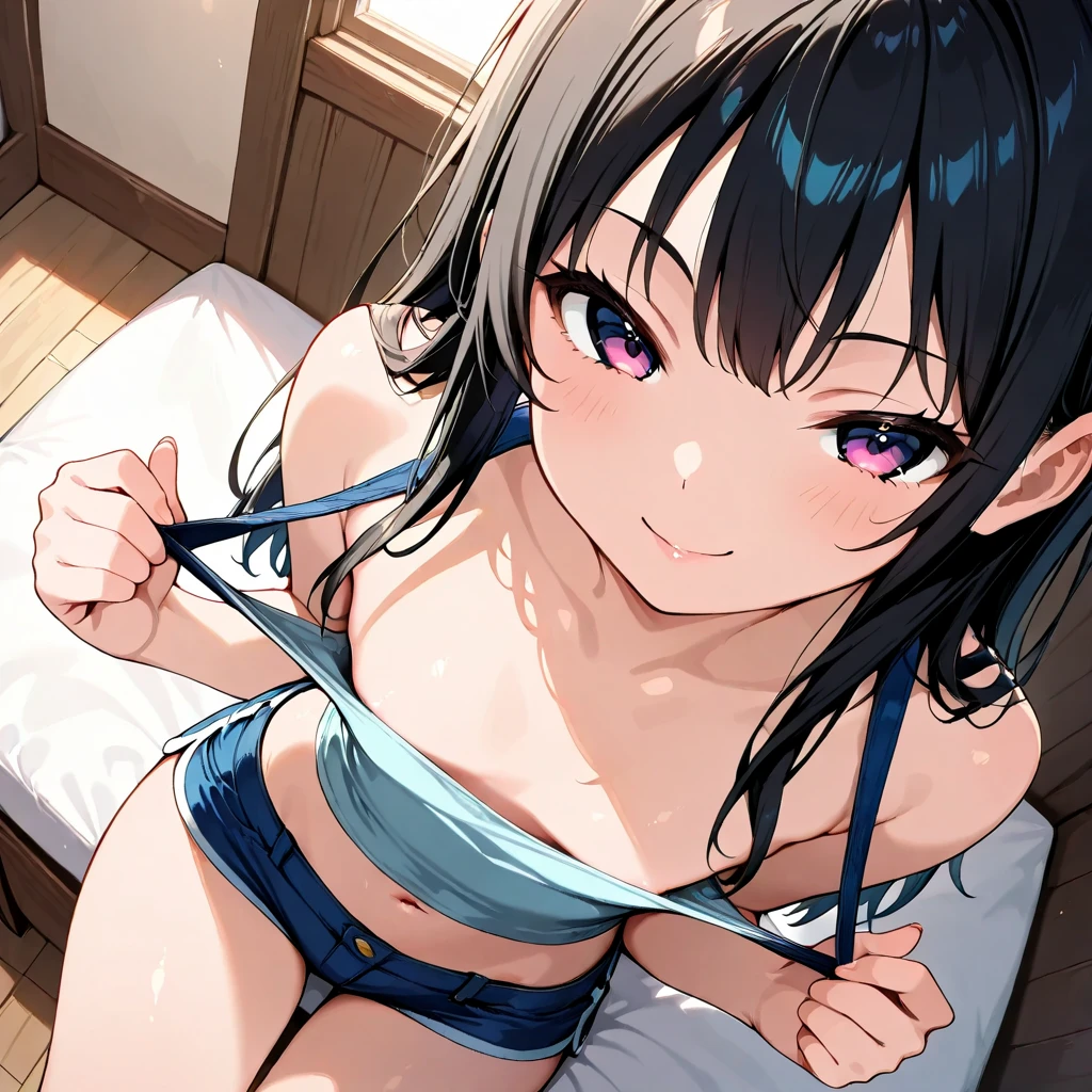 front view,1girl,Beautiful girl at ,Japanese,,,Small and slim,Flat Chest,Small breasts,Baby Face,Small face,Black Hair,Short Twin Tails,Grey Eyes,middle School girls,Micro Bikini,open mouth,tongue out,front face,Kneeling and sitting,Beautiful and detailed anime art,puzzled look,front view,high angle, looking at viewer, looking ahead, from above,cowboy shot,Sexy vibe,cum on tongue,On the bed,Dimly lit room