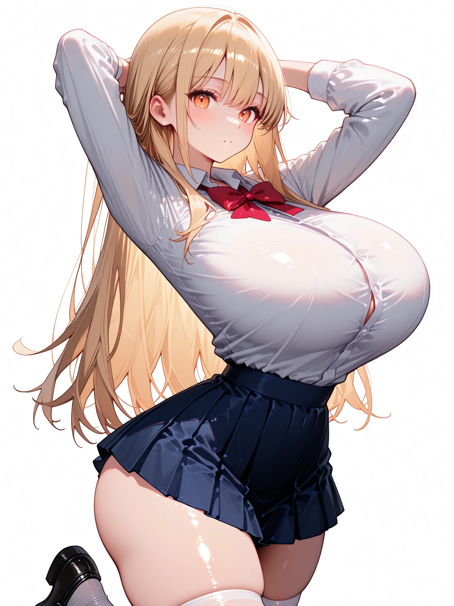 (((score_9, score_8_up, score_7_up, 1girl,solo,long hair,blonde hair,green eyes,ahoge,white hairpin,hair intakes,bow,hairclip))),((iyojima anzu,blond hair,green eye,gigantic breast,))((Perfect body,))((Super beautiful,))((High quality,))pov, Looking at Viewer,sweaty body, shiny skin,nsfw,looking shyly,(Heavy breathing,saliva,blush, sweat, Sweaty and wet all over,Steam,)blazer school uniforms,(Lift up the hem of her skirt to show off her crotch),Pleated skirts that are too short and expose underwear,Thigh-high socks,COWBOY SHOT,Smile,(half open eyes,),