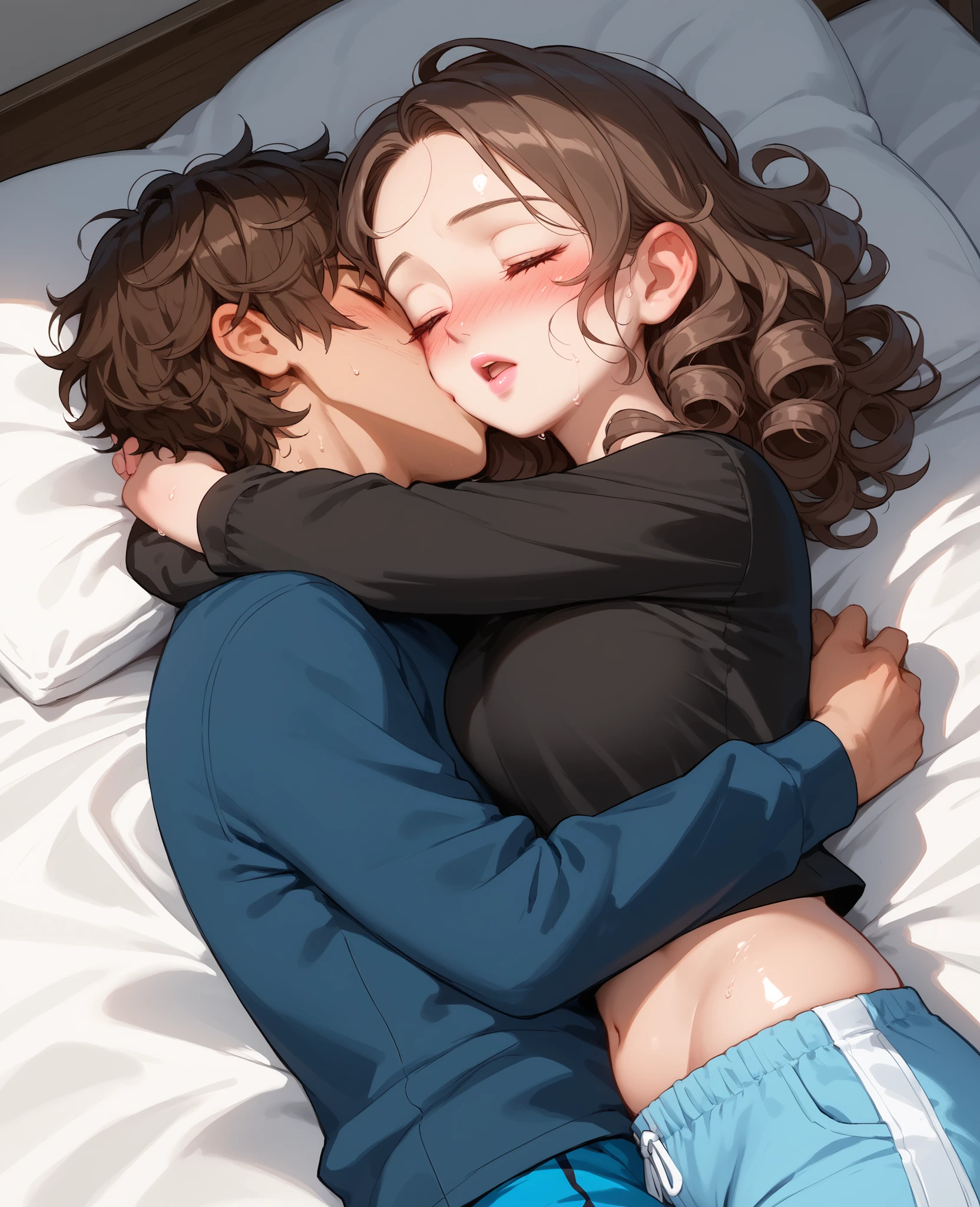 score_9, score_8_up, score_7_up, 1woman, solo, hair, closed eyes, white-skinned female, pink lips, long curly brown hair, lovely medium breasts, perfect body, black crop top with long sleeves, blue shorts, sweat, female organism, open mouth, looking at viewer, head tilt, nose blush, blush, indoor, bedroom, day time, shiny skin, against bed, lying down , upper body, 1girl, 1boy, (faceless, face on girl's face,
intense kiss, deep kiss, kiss ), hug. Dutch angle.