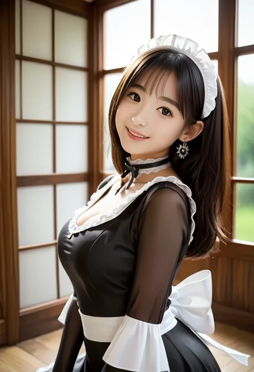 (2girl:1.3), (cute smile:1.2), (extremely detailed beautiful face), (highly detailed eyes, highly detailed face), (Maid cafe, maid cafe costume, mini skirt:1.2), Fresh, very clean appearance, (best Quality:1.4), (hyper-realistic, hight resolution), Professional Photography, standing, Indoor, (maid cafe), Close up portrait of girl, staring at me, cleavage, (Fine face:1.2),
