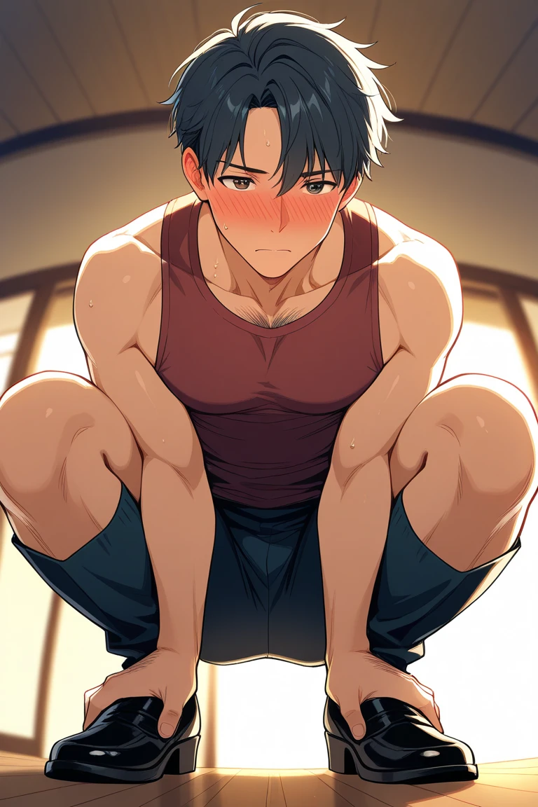 cute 13-year-old boy, cute baby face, solid body, huge muscular thigh muscles, dripping sweat, shiny skin, wearing a long shirt, black shorts, arms folded  shirt up (photo corner from bottom to top)