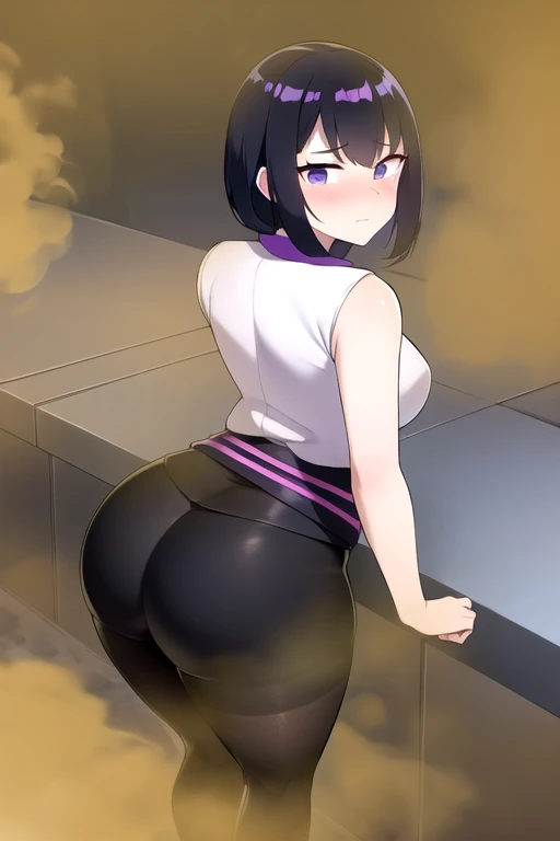 master-piece, bestquality, 1girls,, View viewers from behind, HD, slight smile, big tits, cleavage, tiny body, wide hips, yamadaryou, sexy colorfull suit, garden, extra tight cloth, slim waist, (grabbing own ass), big ass, see girl from behind, leaning forward,