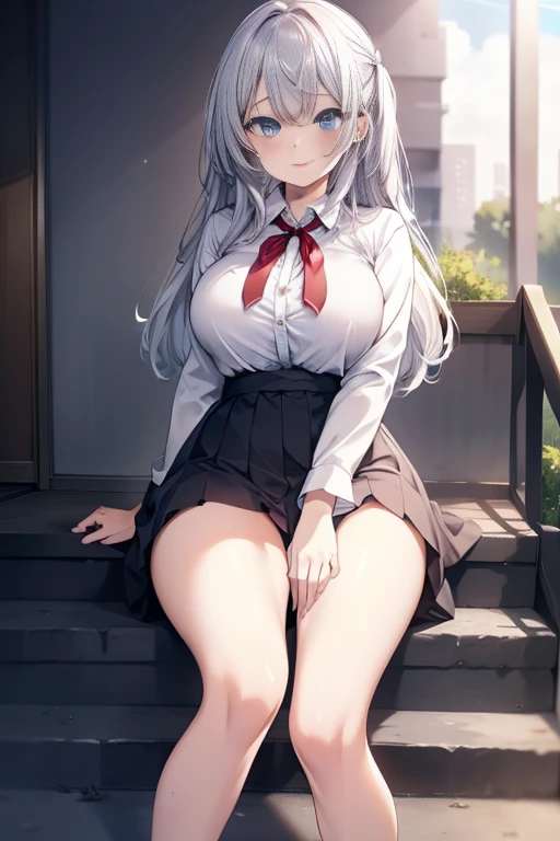 Masterpiece, highest quality, ultra detailed, high quality anime, beautiful young woman, purple eyes, white hair, blunt bangs, bright smile, slim body, large breasts, white button up shirt, short sleeves, red tie, short black skirt, high socks, college background
