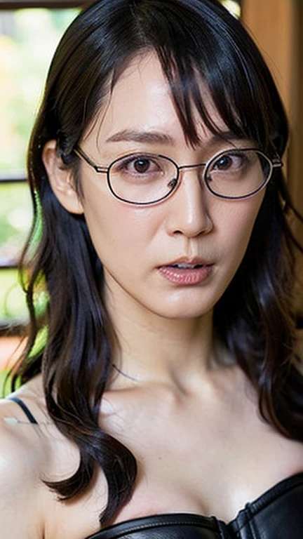 masterpiece、Highest quality、masterpiece、High resolution、Photorealistic、RAW Photos、8k wallpaper、perfection、Professional Lighting、Very detailed、Written boundary depth、Bedroom、Blur the background、((1 Beautiful Mature Woman))、((45 years old) 、Sexy Woman、Detailed face、Beautiful Eyes、bangs、Shapely small breasts、Light brown straight hair、Thin lips、Glasses with metal frames、((Stand in front、stare、Serious face))、thin white blouse、(Black tight skirt)