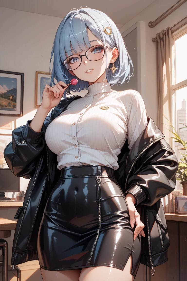 masterpiece, beautiful art, professional artist, 8k, Art style by sciamano240, very detailed face, Detailed hair, Detailed clothes, fine fabric, 1 Girl, perfectly drawn body, Pretty Face, Long hair, light blue hair , Very detailed blue cat eyes, bright smile, Wearing teacher's clothes, Black over-the-knee boots, black pencil skirt, Glasses, purse lips , rosy cheeks, school environment, blackboard, Model headshot , Zoom in on face, Show the details of the eyes, A Closer Look, Looking at the audience,((Huge tits))