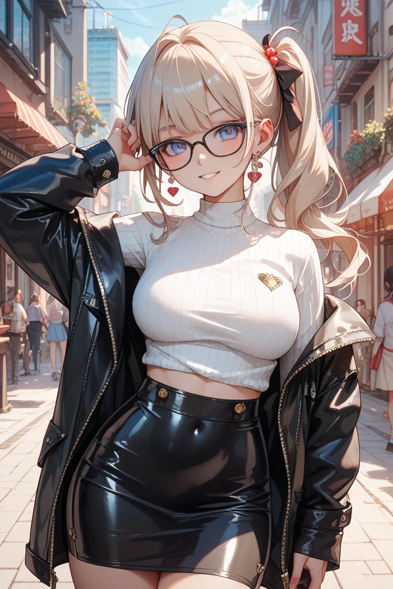 woman,14 years old,,city,night,(((white and blue tight miniskirt bodysuit))),,open mouth smile((See-through))glasses,((beautiful long ponytail)),((Baby girl body shape))((blonde))
