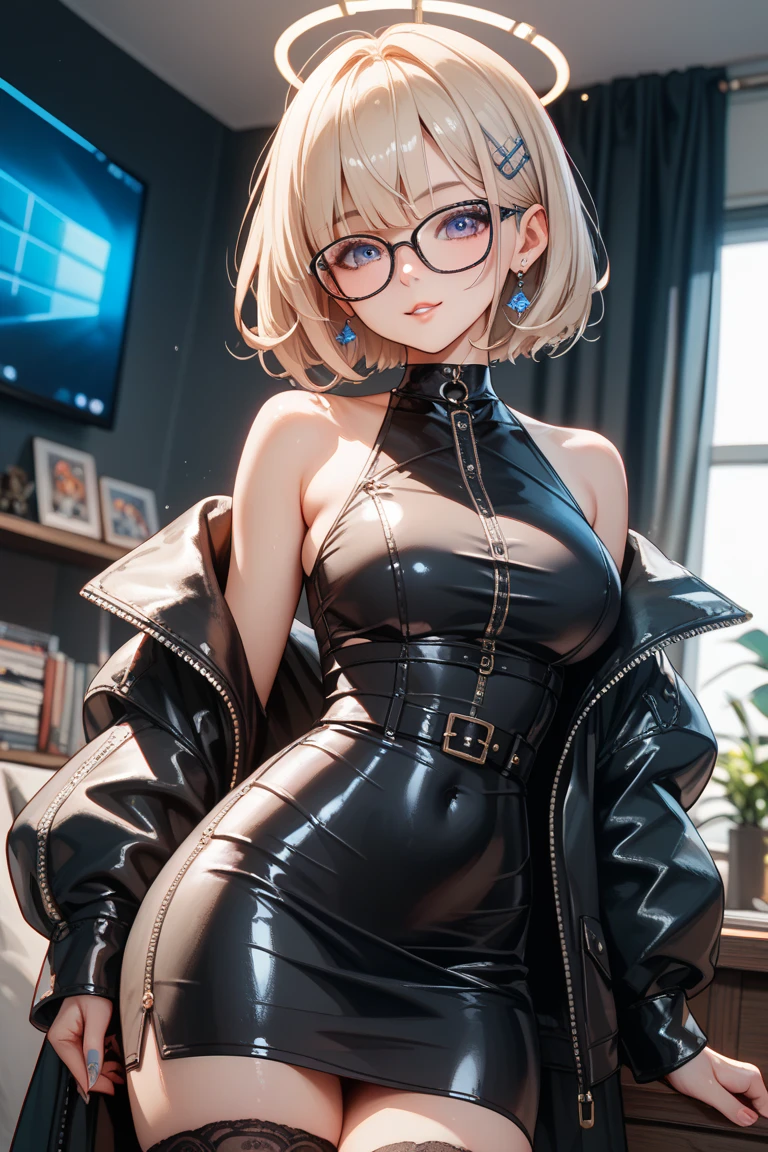 (masterpiece, best quality), 1girl, messy hair, choker, black silk pajamas, see-through, glasses, <lora:add_detail:1>