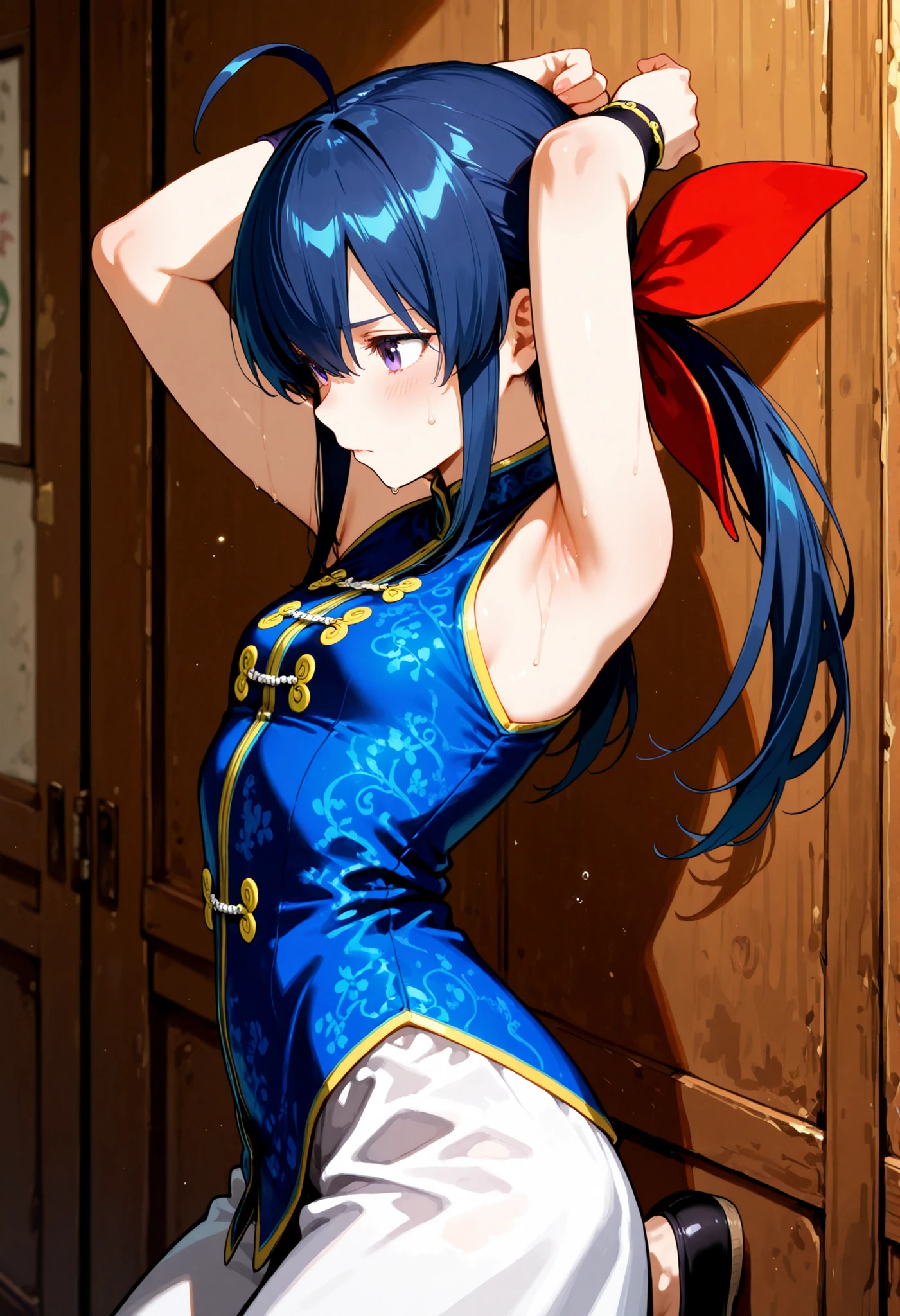 masterpiece, best quality, amazing quality, highres, absurdres,futaba hotaru, long hair, blue hair, twintails, hair bow, hair between eyes, sidelocks, ahoge, chinese clothes,sleeveless, wristband, baggy pants, flats,pulling clothes to show armpits,upper body,side view,