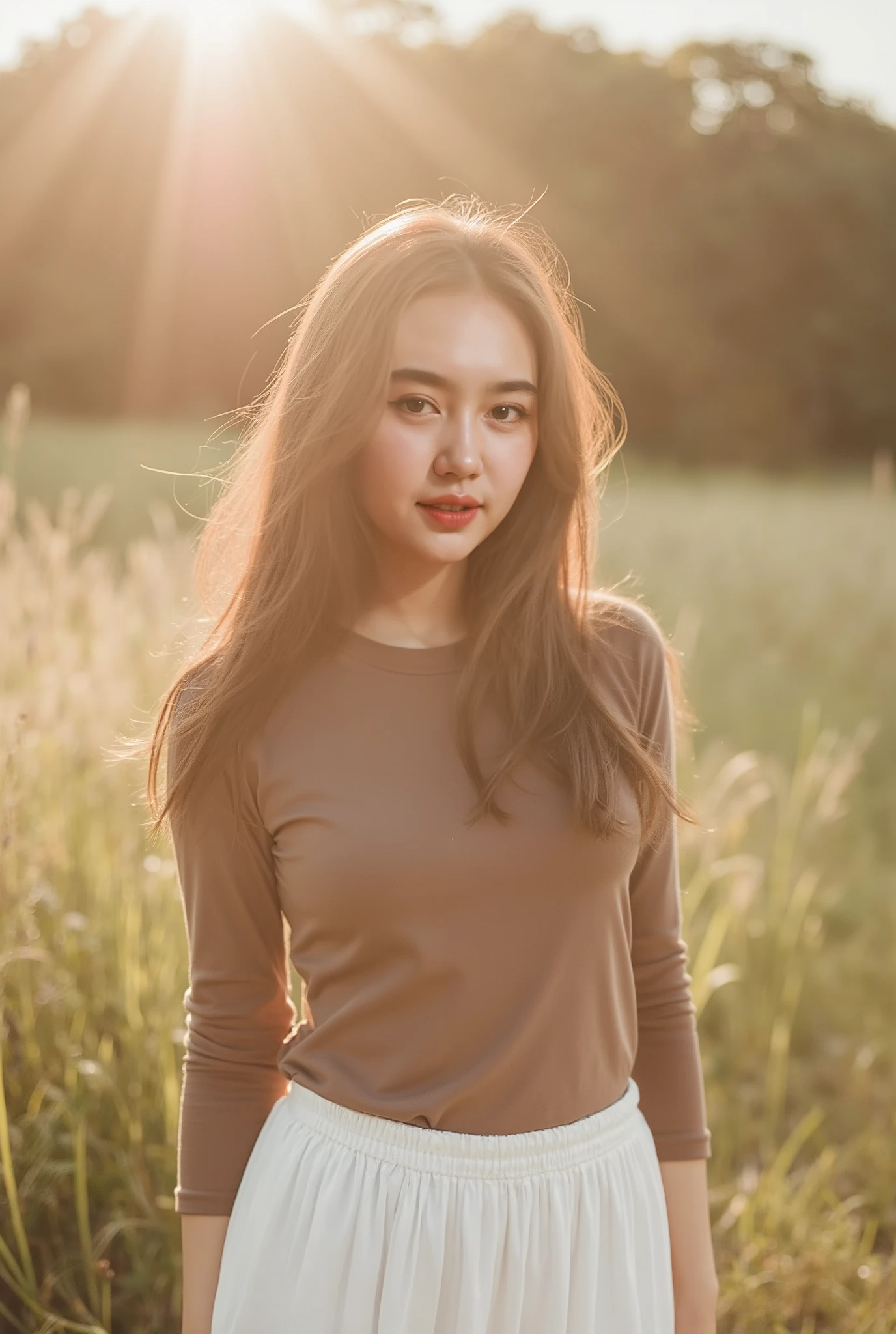 A young Pakitaniy woman slim body strikes a pose outdoors, amidst tall grass swaying gently in the natural breeze. The background looks like golden hour, warm golden sunlight is gently streaming down, casting a soft glow on her face and hair. She has a wear cream pasmina ceruti stylish, small breasts, forward breasts. Her pose looks calm and contemplative, with a slight sadness in her eyes, wide smile, adding an element of quiet mystery, . She is wearing a cream pasmina ceruti stylish, brown long t-shirt tight and white long plisket skirt, making her look warm and cozy against the natural background. The color tone of the image is soft and natural, adding a calm and nostalgic atmosphere. The softly blurred background allows the focus to be on her while creating a sense of depth and tranquility in the scene.