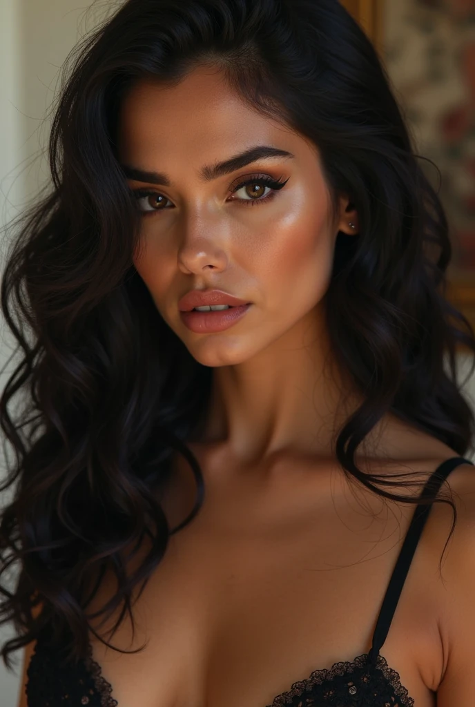 A 20-year-old Iranian girl with black hair, eyebrows and black eyes, tanned skin and a sexy body with a shiny dress