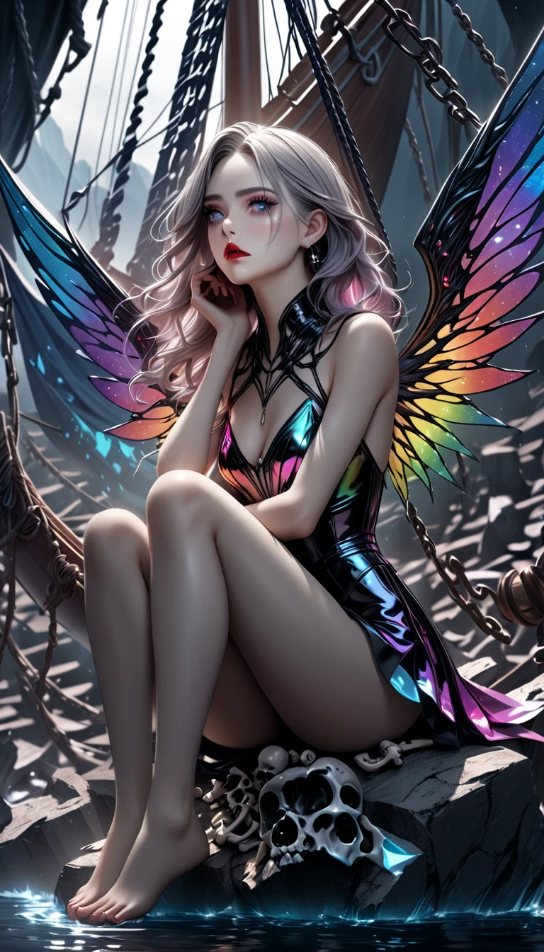 tarot card, Model: long wavy hair, full scarlet dark lips, Smoky eyes, BREAK,, Broken glass, crystals, neon lights, BREAK, Polychromatic geometric patterns,Heart, Arms and legs, BREAK, Accessories: Chrome-plated chains with torn body, Silver Choker, black feathered white black wings, Naked, Topless, naked body,BREAK,on chair, looking forward. tmasterpiece, Masterpiece quality