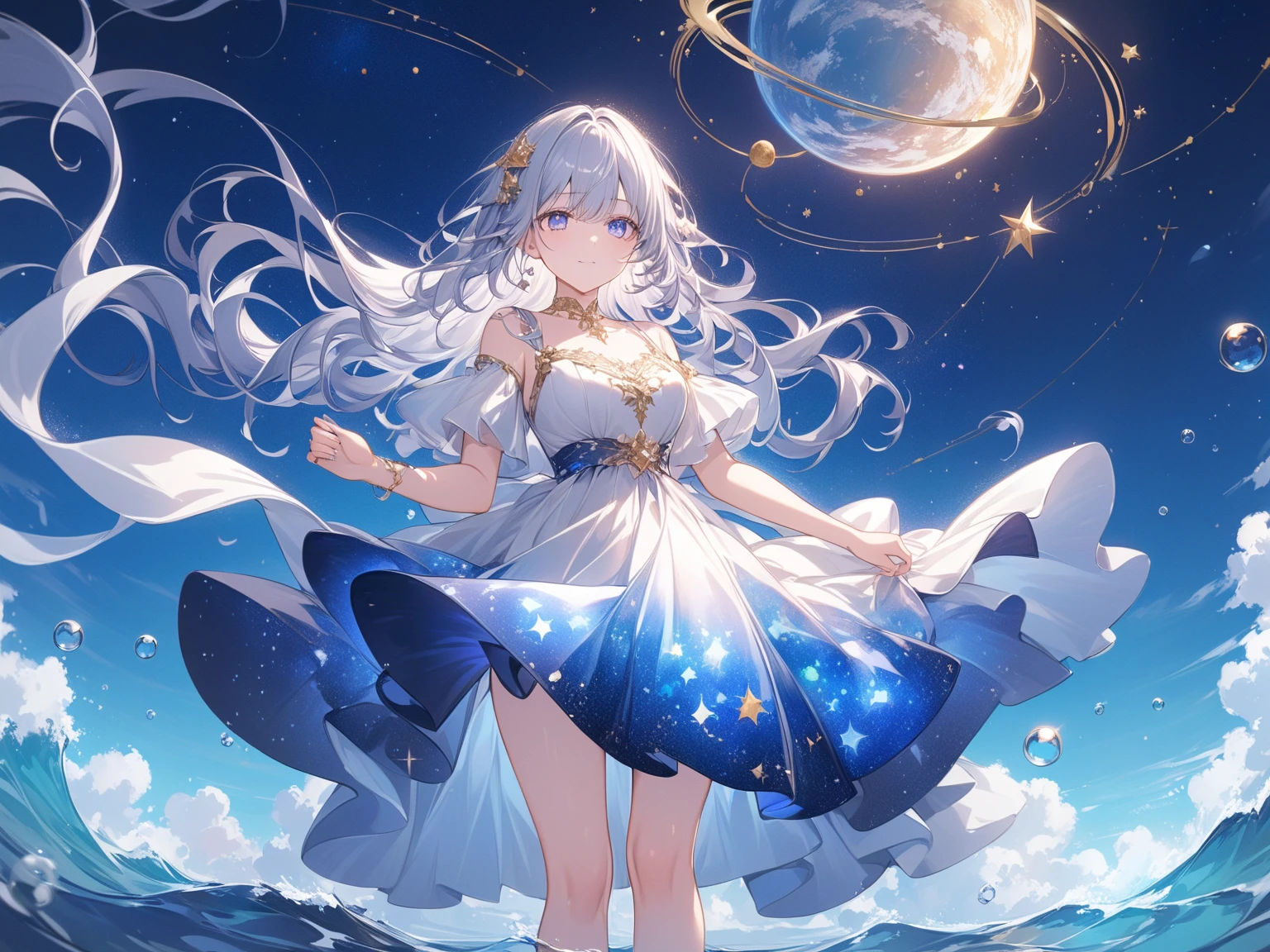 beautiful princess, white messy wavy hair, attractive and seductive expression, great Proportions, blue eyes, milky way, galaxy, 2.5D, delicate and dynamic, fusion of watercolors and oil paintings, fusion of paper cutting and shadow puppetry, magic of vivid color shades and contrasts, gradation, wet in wet, water splash, foggy filter effect, Japanese paper quality, abstract part