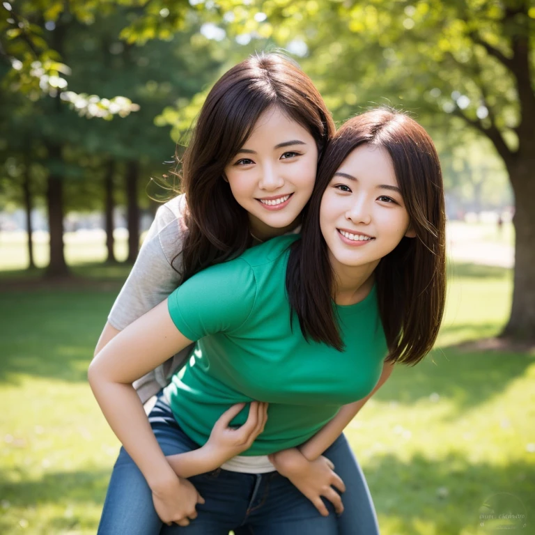 （超高分辨率，RAW photogr，realisticlying，tmasterpiece，best qualtiy：1.4），Complicated details，2 20 year old Korean girl，Wear a loose black T-shirt and skinny jeans，Stand on the grass and take pictures，hugs，Intimate relationships，Detailed meadow，A sweet smile on a small face，Ultra-realistic facial details，The face and skin are pink and white, and luminous，Playful and coquettish pose，The calves are straight and slender:1.2，Wear high-end brand sneakers:1.0，eventide：0.3，Broad lighting，naturalshadow：1.0，超高分辨率，taking a full body photo:1.8 --auto