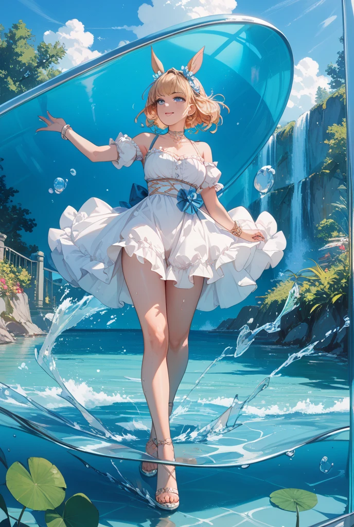 the girl walking on surface of the water, acrylic paint, dutch_angle, from_side, Close-up of people, grabbing, beautiful detailed fullbody, girl,woman,female, mature,30 years old, medium hair, bob cut, asymmetrical bangs, blonde hair, Authentic and detailed face, sleepy, piercing, halter dress, polka_dot, blue_sky, lens flare, very fine 8KCG wallpapers, highres, extremely detailed 8K wallpaper,