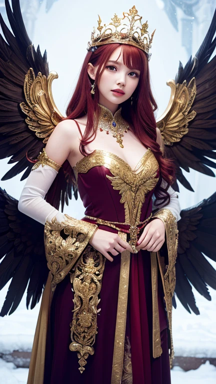NSFW, best quality (4K, high resolution, masterpiece:1.2), ultra-detailed, realistic (photo-realistic:1.37), Eira, the Red Queen of Wrath, mesmerizing enchantress, portrait, ((standing with a captivating red velvet gown)), alluring yet intimidating gaze, hypnotic, demonic eyes, poised stance, ((flowing fiery red hair)), with flickers of hellfire, intense and ominous aura with a hint of darkness, pure (red velvet color scheme), sharp focus, perfect, ominous lighting, confident, sinister demeanor, intriguingly wicked smile, powerful wrath magic and sinister energy radiating from her eyes, war-torn landscape with a dark, foreboding background, entrancing yet eerie atmosphere, inspired by fantasy art and dark mythology, emphasizing her allure, fury, and malevolent charm, meticulous attention to facial details showcasing her stunning beauty, elaborate, warlike costume design, striking visual impact, expressive yet wicked facial features, supernatural elements blended with a sinister reality, (exceptionally detailed:1.3), super finely detailed and clawed hands, ultra finely detailed fingers (ten fingers), (suggestive and intimidating posing), ((full body showcase)), no logos in the background.