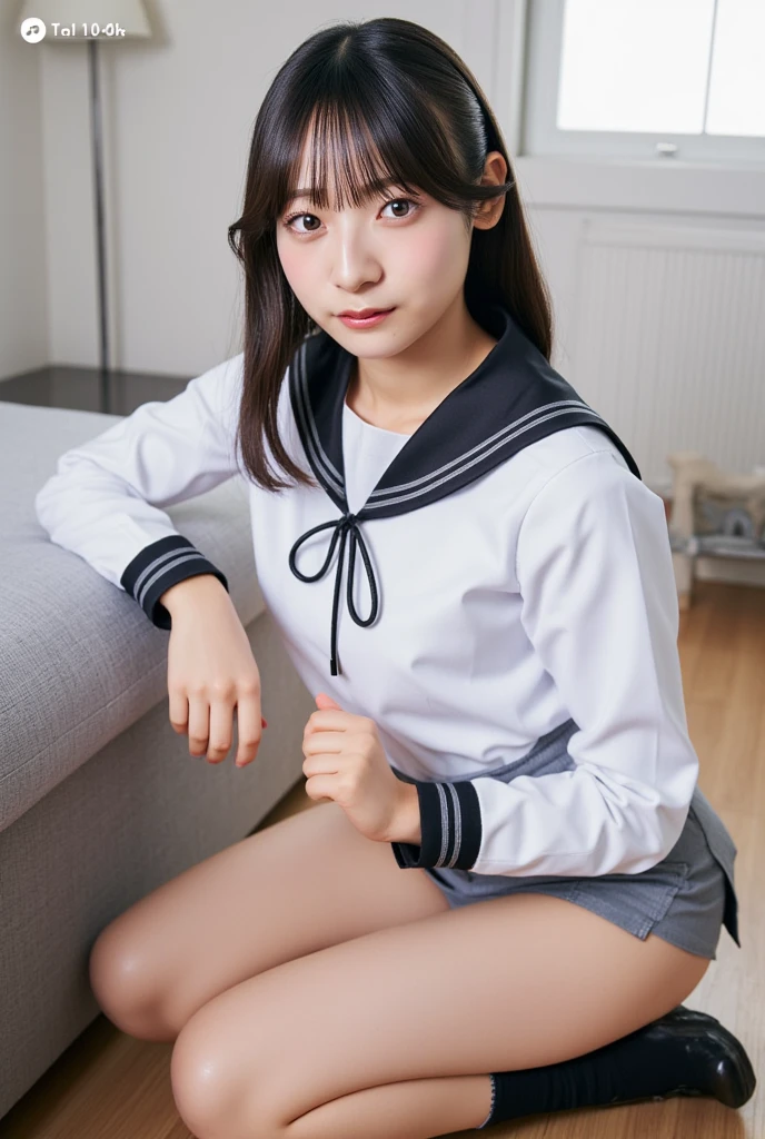 best quality, ultra nothing, detailed face, delicate, beautiful detailed, fwely detailed, realistic, cute,kawaii__girl_w_school (chubby)+ black_hair blush breasts brown_eyes brown_hair butt_crack cleavage feet (huge_boobs)+ lips lipstick short_hair lookwg_at_viewer parted_lips pwk_lips plump (school uniform)+ (thick_thighs)++thighs hairpw (navy_blue_mwi_skirt) (zettai_ryouiki)+ skirtlift (Milk spilled on chest)++ M-shaped legs White wet panties