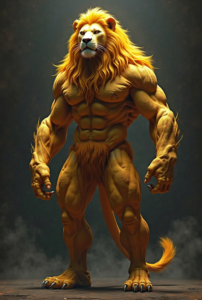 Uma imagem realista de Lion-o dos thundercats, super gigante musculoso, with muscular arms, olhos azuis, uma cauda, super peludo de pelo marrom, com as veias saltando, ombros largos, giant toned physique, veias musculares estourando, usando colete azul rasgada, standing barefoot, in bodybuilder pose with arms raised, em seu castelo