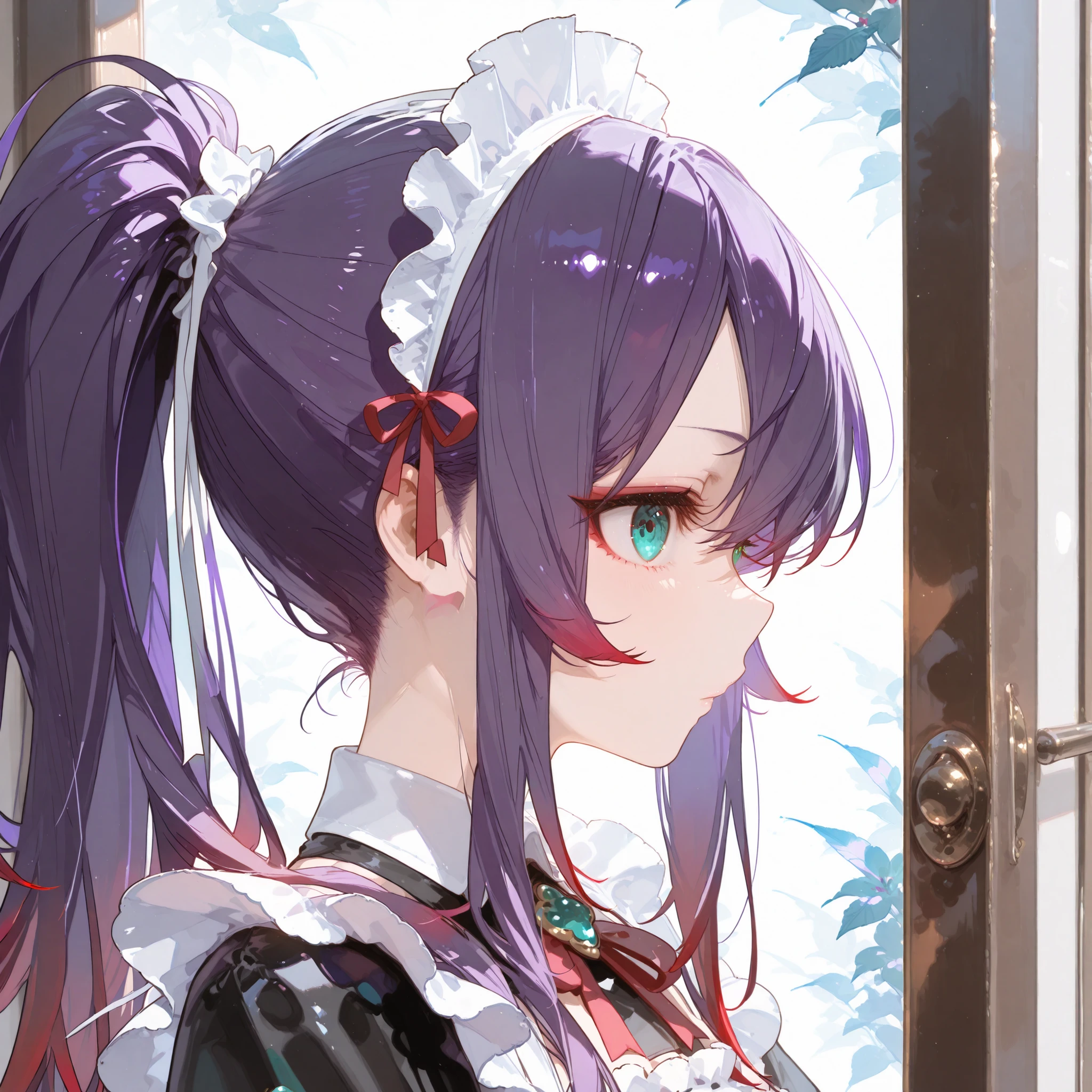 High Quality、one girl、maid clothes、ponytail、purple hair behind closed doors、Red tips、profile、Lots of hair、 to close、jade eyes、plain background、There is no background