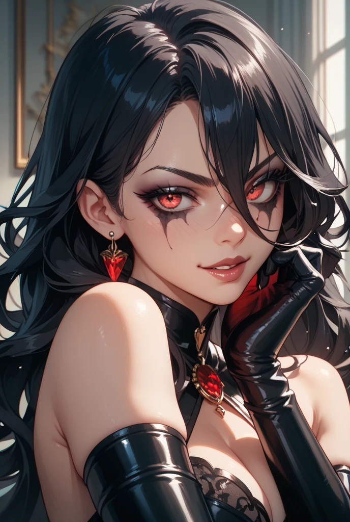 Generate a detailed image of a woman with short black hair highlighted with blue accents, having intense sky-blue eyes adorned with black makeup. Her lips are painted in a soft shade of red. She wears a semi-armor in black on her upper body, complemented by a black dress with a side slit at the lower part. Her fair skin showcases tattoos on her hip. The woman is in black heels with a scale pattern, and she wears a detailed crown featuring short black spikes. She also sports a blue cape with intricate black and golden embroidery. The scene is set in a gallery with a dark background, beautifully illuminating her figure, and she presents a slightly angry expression, posing with a mix of sexiness and regal presence, full body, various poses