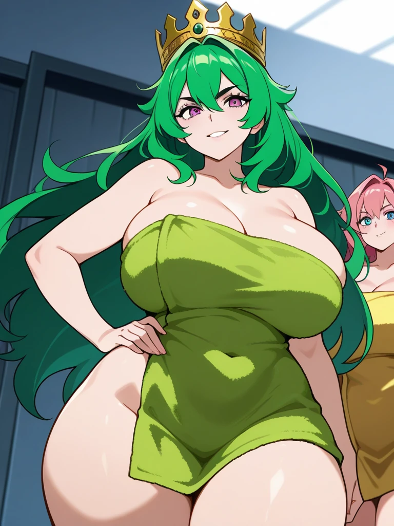 masterpiece, photoreal, high definition, slim waist, long legs, wet skin, huge ass, huge breasts, masterpiece, best quality, absurdres, perfect anatomy, 1girl, solo, lum, (1990s \(style\), green hair, long hair, smile, green eyes, black bikini, white thigh highs, covered in cum, wet skin, cum drip, bukkake, breast milk, cum on face, cum on tits, lip biting, masturbating with a horse cock, at the beach