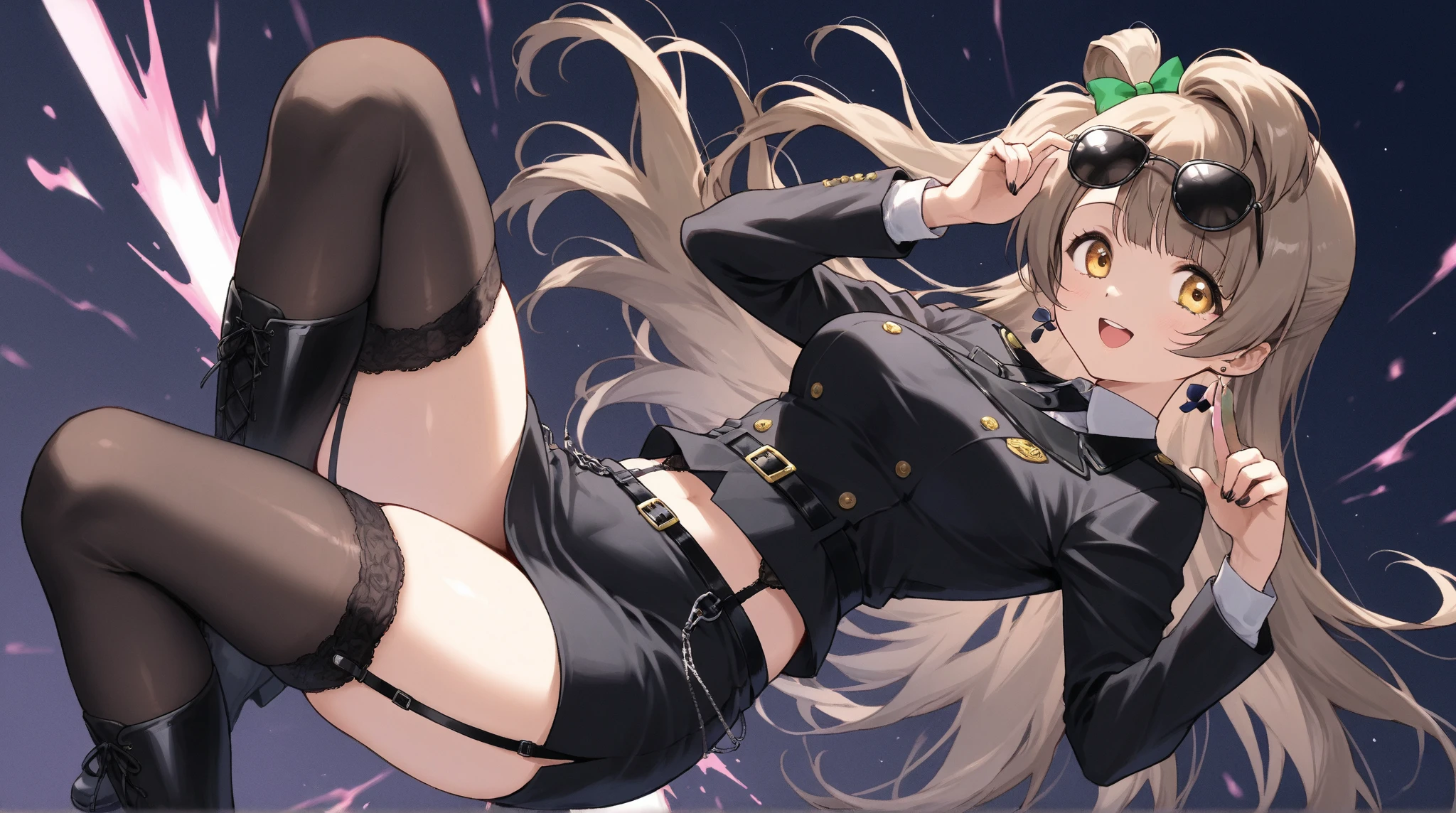 masterpiece,best quality,extreme detail,8k,Subscribe to, 1 girl, alone, Long hair, blond hair, gloves, hat, weave, Tights, fingerless gloves, twin weaves, leotard, beret, scar, Antenna hair, holster, Dishes, green leotard