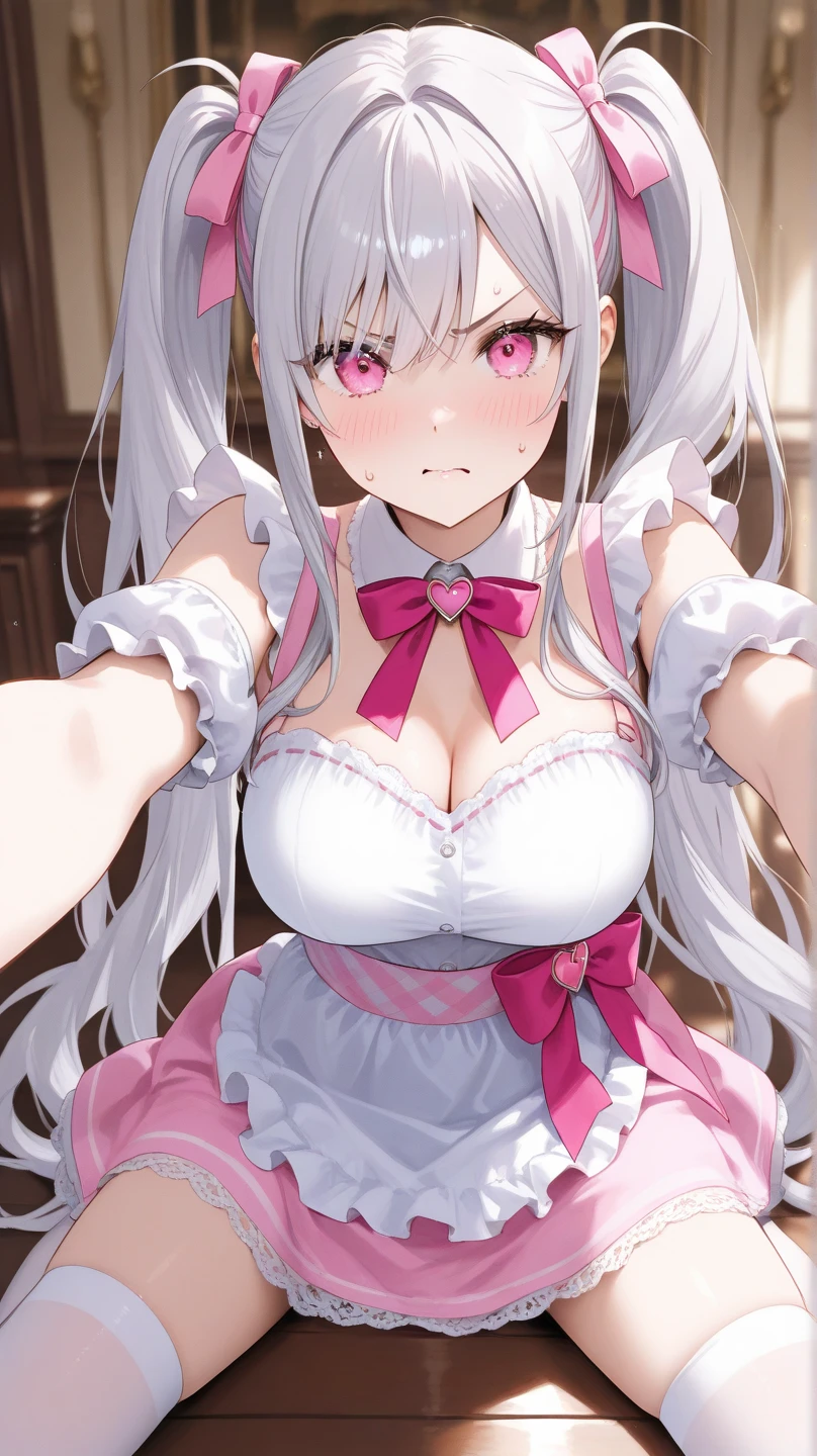 mastute piece,Best Quality,insanely detailed,8k cg,nsfw,
shoot upper body,(body in front:1.1),1girl,standing,looking at viewer,(pink royal-princess-dress,tiara),BREAK,blush,shy,ecstasy face,gasping,(trembling:1.2),white hair,break,open mouth,large breast,(castle room:1.3),
