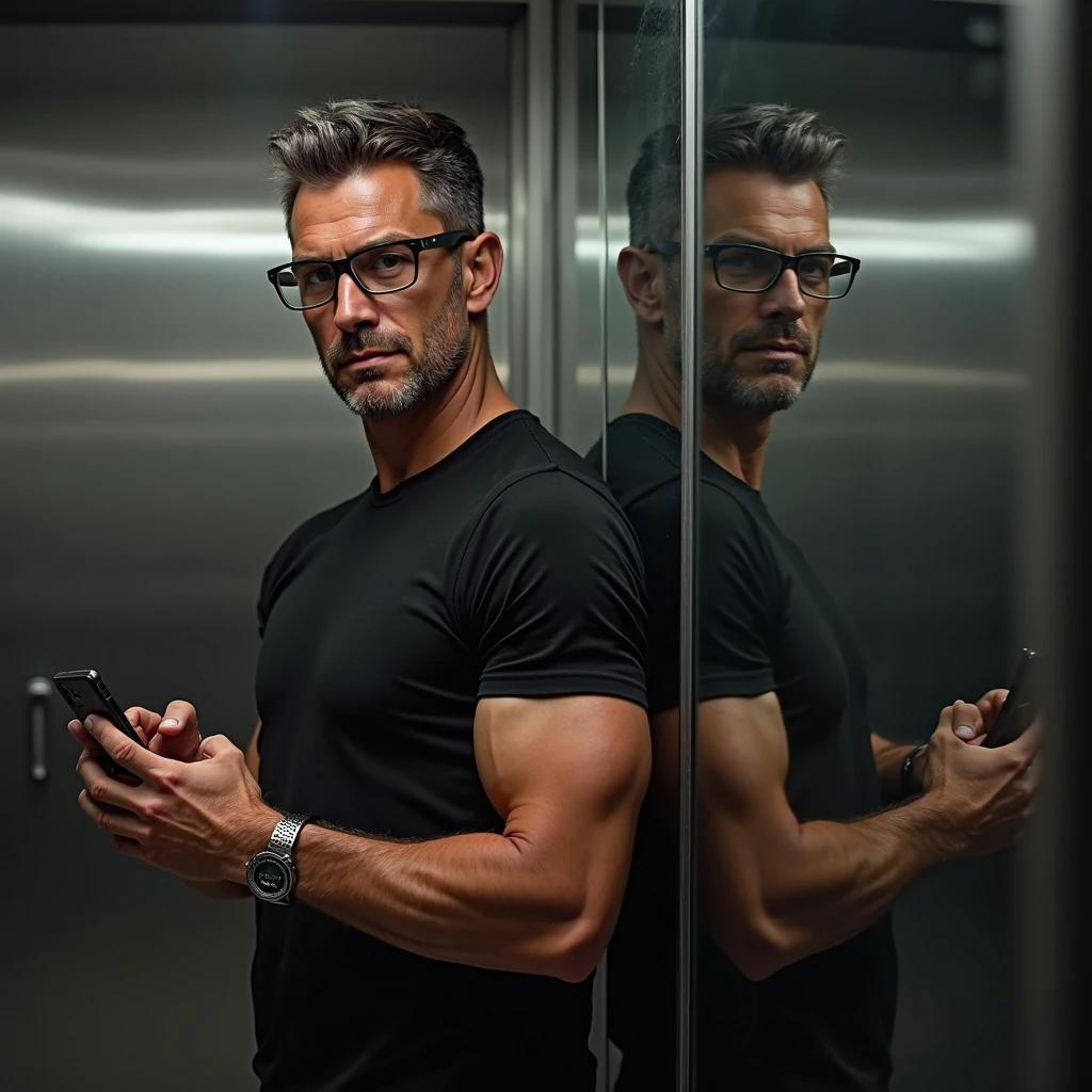 (40 years old daddy:1.1), 1boy, Solo, round face, beefy body, (big shoulders), big pecs, big pectorals, stubbles, Short beard, Beautiful eyes:1.3, (Detailed face:1.3), wearing glasses, Dynamic Angle, volumetric lighting, (Best quality, A high resolution, Photorealistic), Cinematic lighting, Masterpiece, RAW photo, stock photo, Intricate details, hdr, depth of field, there is a man taking a picture of himself in the mirror using a camera, picture, 8k selfie photograph, profesional photo, self - portrait!!!!, selfie photography, photo taken with canon 5d, full body in camera, profile picture 1024px, casual photography, profesional photography,