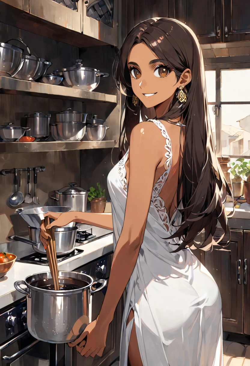 score_9,score_8_up,score_7_up, source_cartoon, source_anime, a tall thick dark skin woman with black hair in a ponytail and green eyes, woman is nude and only wearing a green apron, cafe, nsfw
