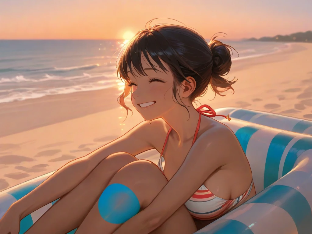 ((highest quality, masterpiece, High resolution)), ((reality)),Photos of beautiful Japanese women,((anime art))、 (((1 girl))), normal size breasts, slim body shape, long ponytail,double eyelid, Wet see-through micro bikini,  A pareo with bold ethnic patterns and plenty of primary colors、(Brown skin:1.4),realistic skin、Wet,whole body,cinematic light、tropical、Against the background of palm trees on both sides、on a sunny beach、With the sea in the background、blur background、smile