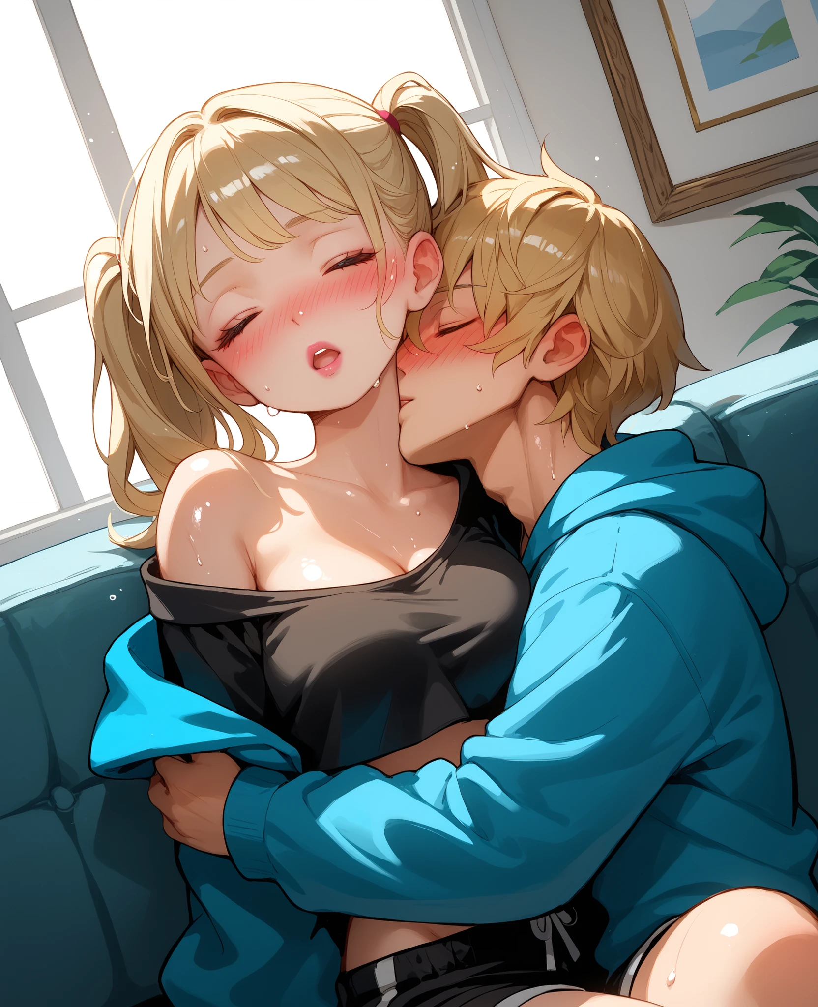 score_9, score_8_up, score_7_up, 1woman, solo, hair, closed eyes, white-skinned female, pink lips, blonde twintails, lovely medium breasts, perfect body, black crop top hoodie with long sleeves, black short shorts, messy clothes, exposed shoulder, sweat, female organism, open mouth, looking at viewer, head tilt, nose blush, blush, indoor, living room, day time, shiny skin, against couch, sitting, chest pressed , upper body, 1girl, 1boy, (faceless, face on girl's face,
intense kiss, deep kiss, kiss ), hug. Dutch angle.