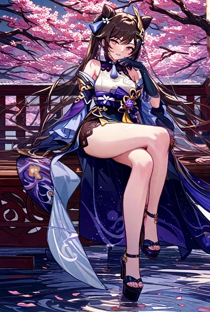 Feet on the beauty's face，blue-eyed woman，Gorgeous Hair in Long Purple，Gold-tone high heels，Snow-white thighs，opulent，Golden Temple，Cosmic galaxy