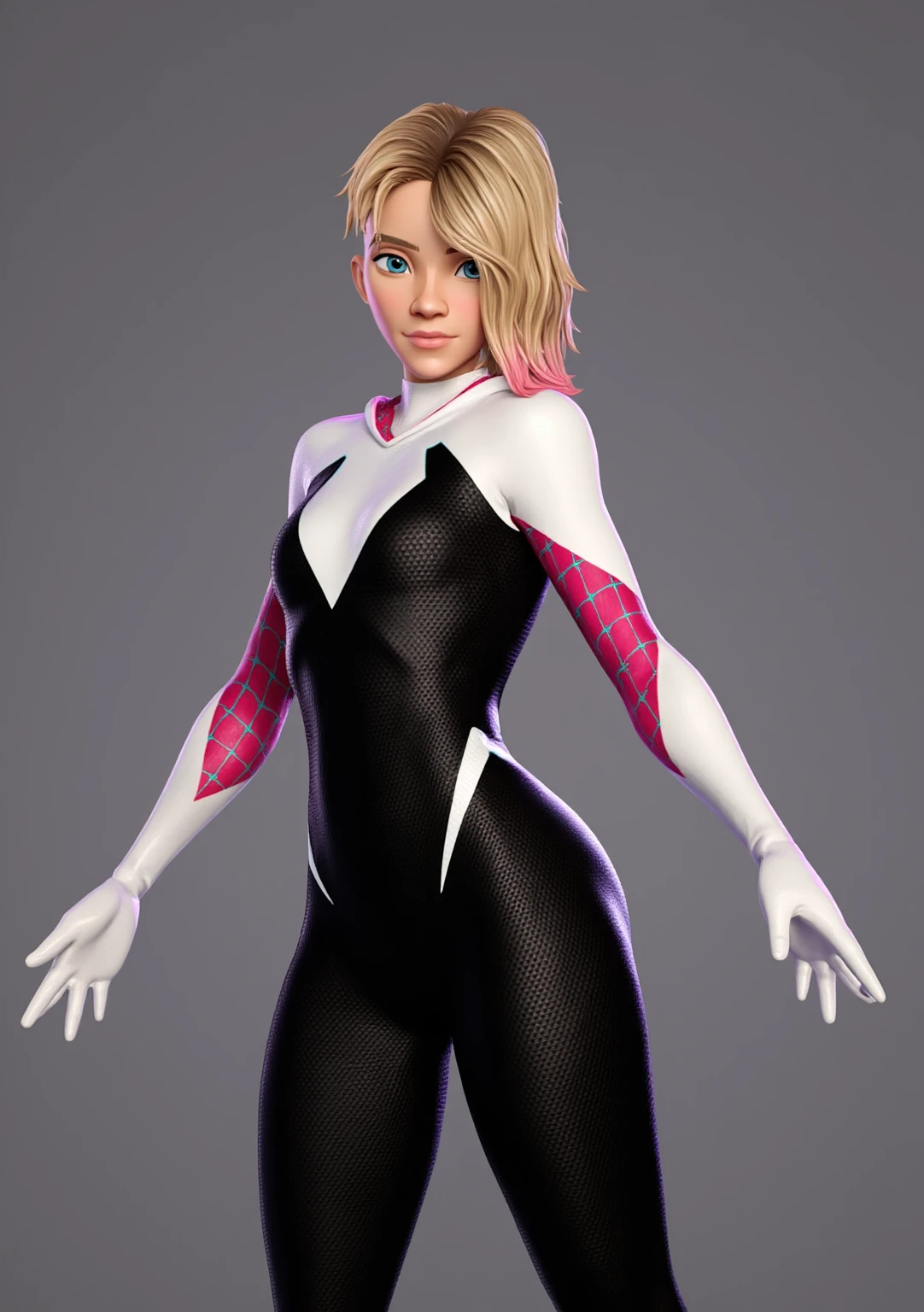 spider Gwen in a black suit with a spider in the center of her chest on white, organic clothing, sticky testa, symbiote, eye white, fine arts, ps5 cinematic screenshot,highly detailed cinematic rendering, ultra photorealistic raytricing, with cinematic lighting