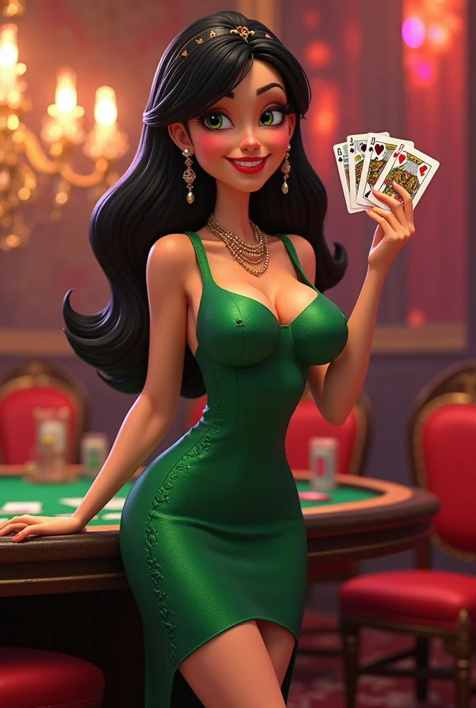 Arafed a picture of a female angel playing poker at gambling table, she sits near the table holding some cards, exquisite beautiful female, ultra detailed face, (best detailed face: 1.3), dynamic eye color, dynamic hair color, dynamic hair style,, wearing elegant evening dress, wings spread behind her, gambling table at a casino background, vibrant, Ultra-high resolution, High Contrast, masterpiece:1.2, highest quality, Best aesthetics), best details, best quality, highres, ultra wide angle, 16k, [ultra detailed], masterpiece, best quality, (extremely detailed),