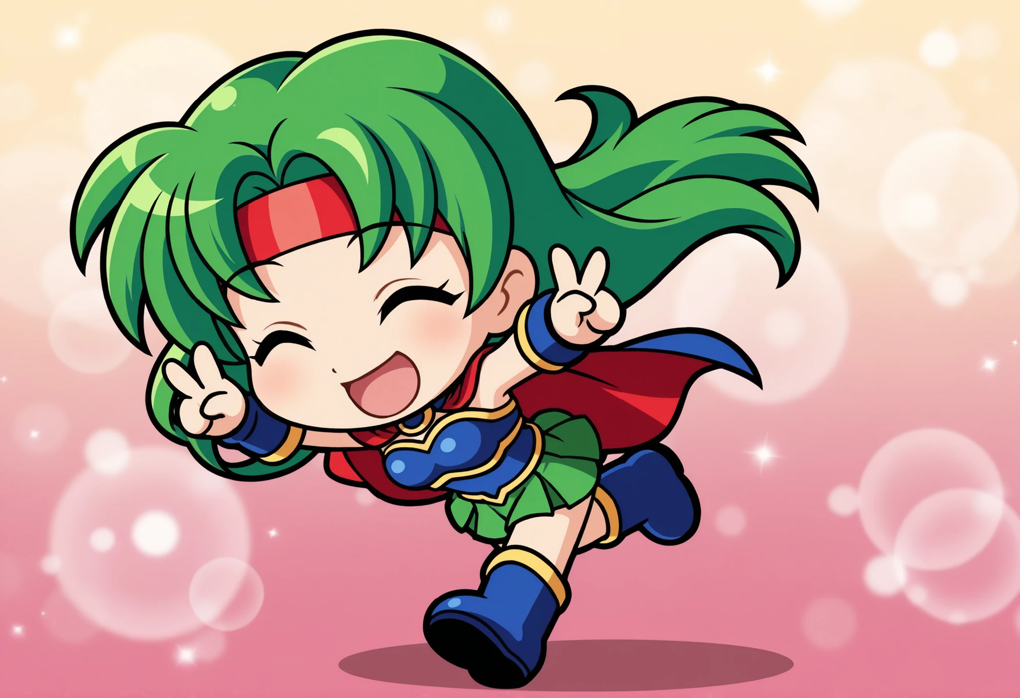 Starry Flowing Background, 1 girl, mumu, green hair, Blue Breastplate, red hair band, blue boots, chibi,  laugh, V sign, official art, deformed, Chibi Kawaii, 4K high image quality, Professional Finish, Extreme Details, HDR, UHD, studio lighting, bokeh, Happy Atmosphere, (Highest Quality:1.2, 4K, 8k, very well detailed, Attention to Details, masterpiece:1.2, Best Aesthetics),