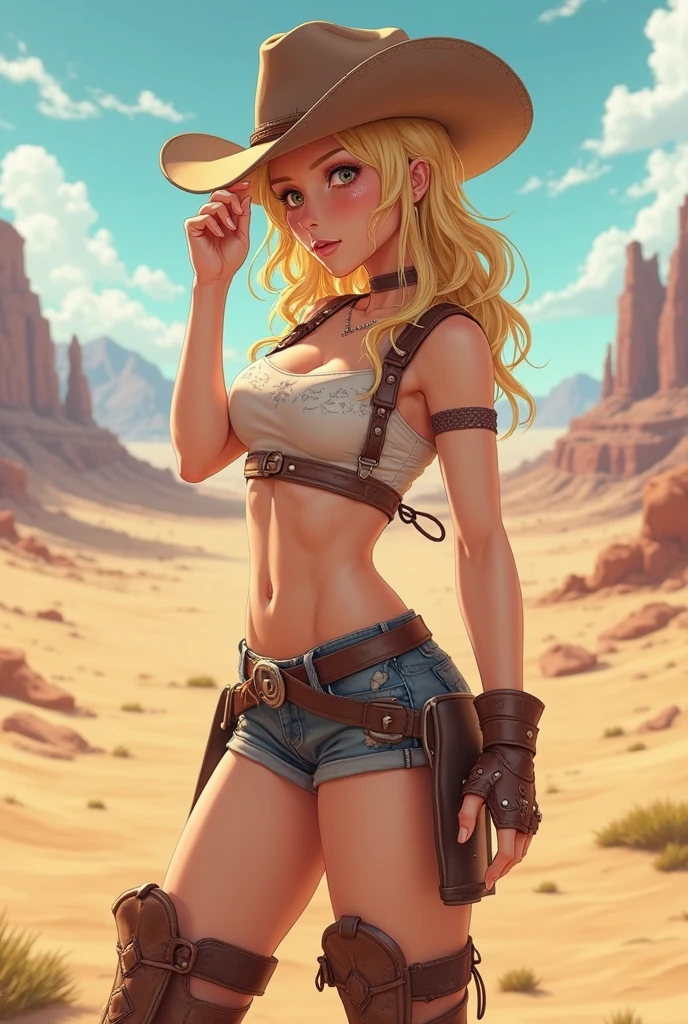 1girl, cowboy hat, white bra, green vest, no sleeves, navel, blue jeans, brown boots, fingerless gloves, short gloves, slight smile, short hair, blonde hair, parted bangs, blue eyes, mole under right eye, American Old West, sunny desert background, belt, best quality, masterpiece