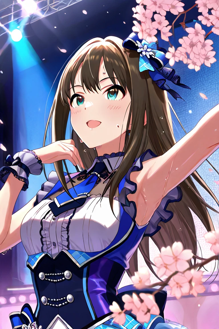 long hair, Brown hair, Blue eyes, Smile, solo,