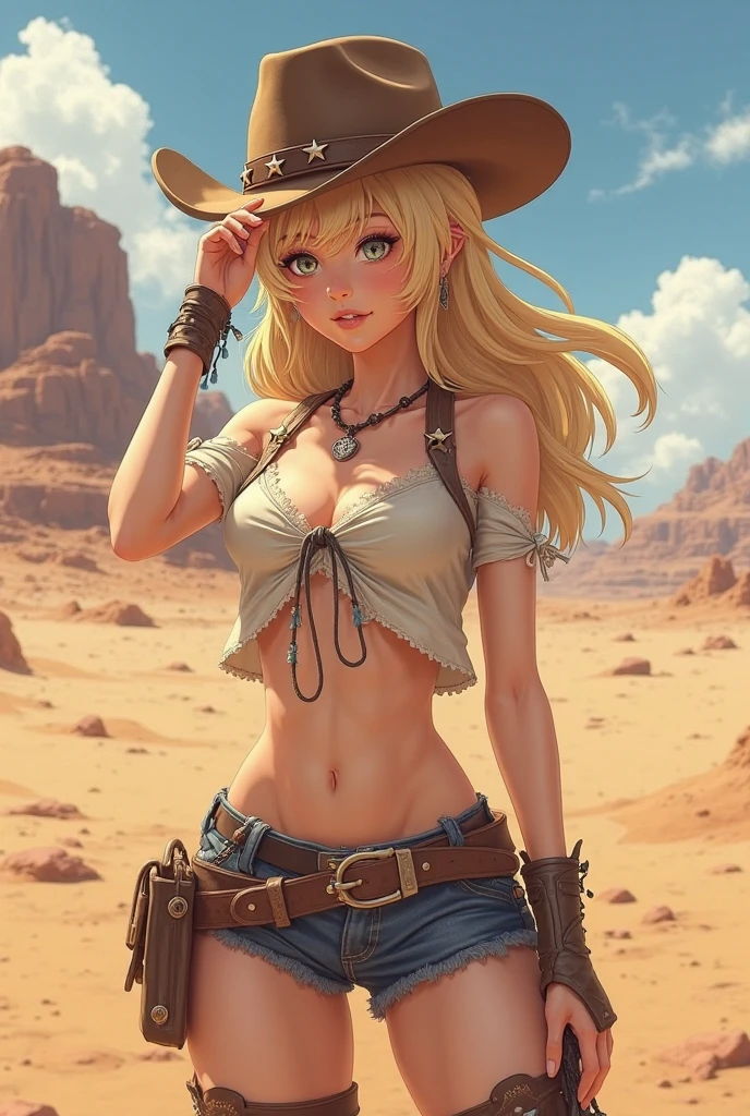 (((top-quality, masterpiece))), (( lot of details), (((depcit very young girl surrounded by ropes))), (((elegant cowgirl))), sexy, blond hair, long hair, straight hair, (((bandage))), (((bound with ropes))), (((arms behind back))), cowboy hat, (wearing leather cowboy clothes), leather revolvers belt, open legs, spread legs, brown eyes, thin , ((small breasts)), ((topless)), nice hips, open shoulders, sassy, (Masterpiece, Excellent, complex details), delicate girl, delicate face, pretty, sunny desert, a western atmosphere,