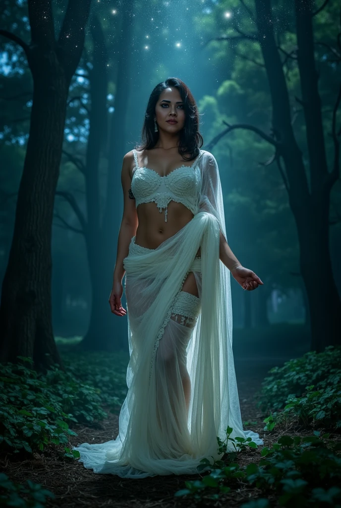 An illustrated movie poster, hand-drawn, full color, a teenage elven girl, wearing a lace bralette and bloomer shorts, sun-tanned complexion, freckles, very tall, athletic body, hourglass figure, curvy, slightly chubby, bottom-heavy, generous hips, massive bubble-butt, long legs, ridiculously thick powerful thighs, light hazel eyes, long pointy elf ears, dark hair, long loose waves, posing on a treetop platform, early morning fog, wet glistening skin, hard shadows, graphite shading, stencil marks, airbrushed acrylic paint, masterpiece, in the style of Lord of the Rings 