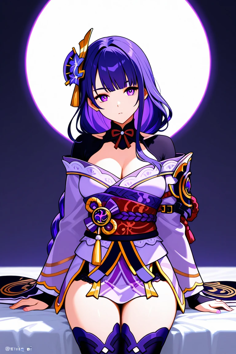 1 girl, Raiden Shogun, Genshin Impact, meditating, levitating, sitting crisscrossed, eyes closed, purple thigh highs, large breasts, kimono, full body