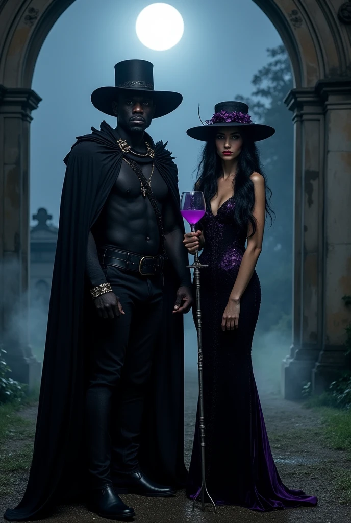 A dark witch woman does a sensual dance with lucifer, in the background demonic beings attend the dance