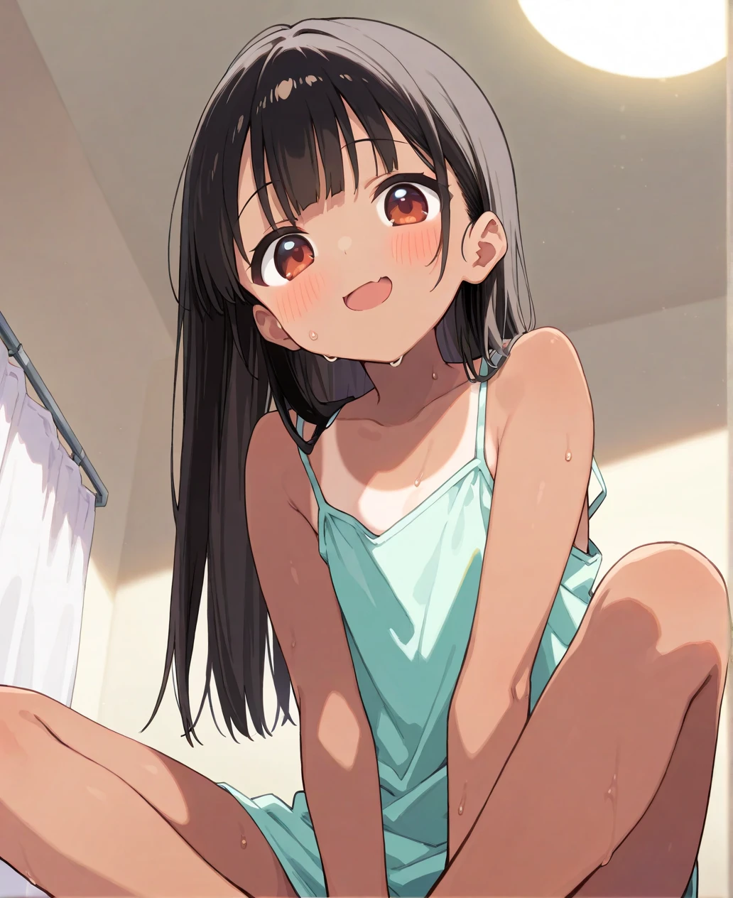 ((((little female child)))) (()) ((toddler)) ((preschooler)) ,Young, Kindergarten, kindergartener, changing room, black hair, long hair, naked, short, round eyes, gentle smile,, 3 yeaked:1.3), flat chest,1girl