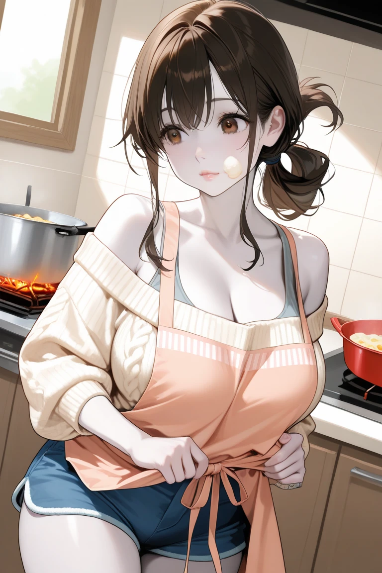 1girl in,A beautiful woman wearing a naked apron looks shy'I'm about to cry.,Very beautiful,red blush,Teary-eyed,shame,Sweaty skin,Black hair low ponytail,tre anatomically correct,Colossal tits,Transverse breasts,thighs thighs thighs thighs,photorealisim,Precise fingers,hold a frying pan in your right hand,In the kitchen,masterpiece,