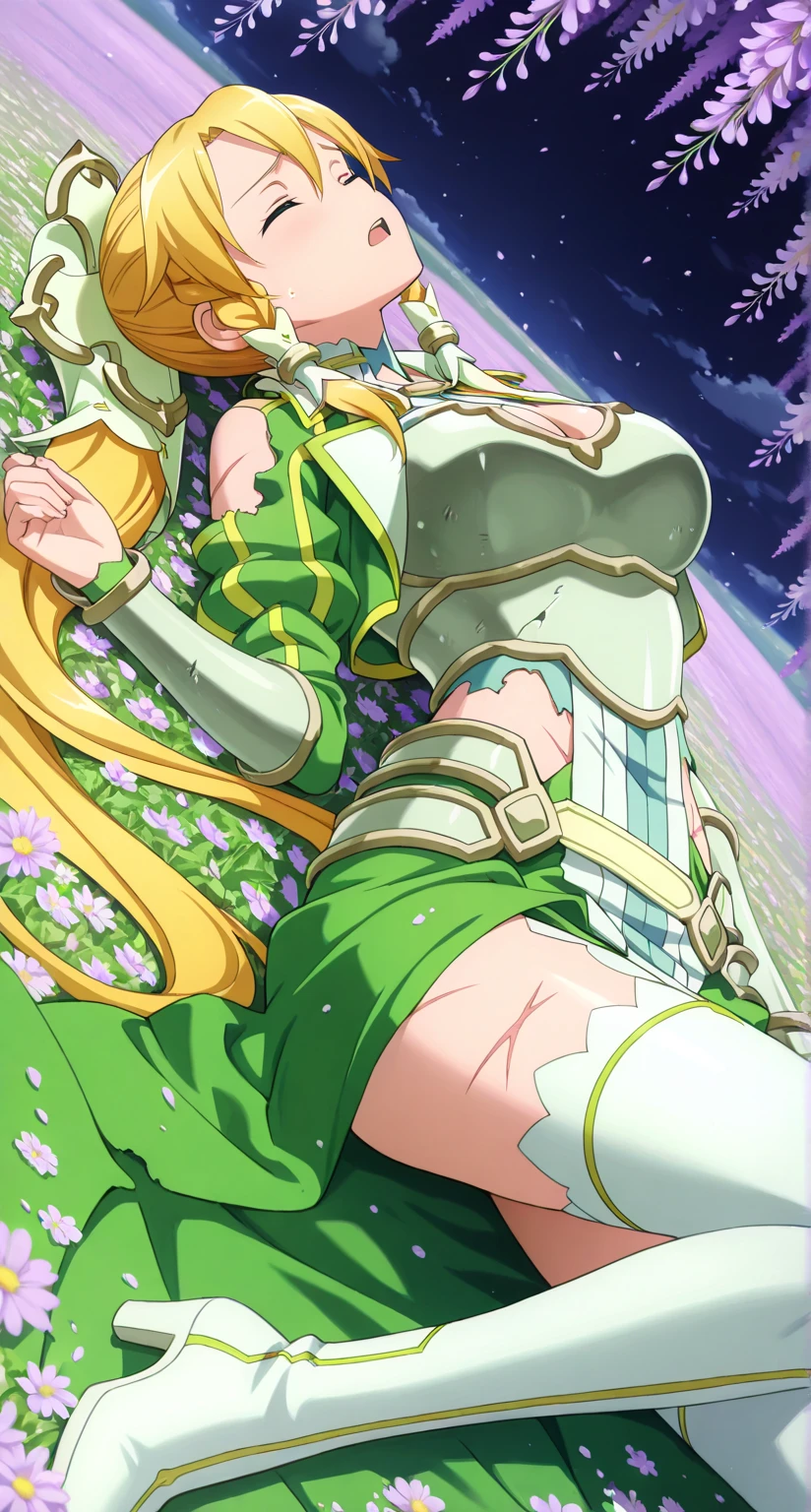 masterpiece,best quality,highres,ultra-detailed,masterpiece,detailed illustration,1girl,leafa (sao),shiny beautiful woman,dynamic angle,depth of field,closed eyes tightly,blonde hair,very long hair,ponytail,braid,hair ornament,cleavage,dress,green dress,armor,breastplate,faulds,white thighhighs,white footwear,boots,thigh boots,high heel boots,high heels,field of flowers,dark sky,wisteria flowers,looking up,lying on floor,on back,open legs,armor covered in scars,body covered in scars,clothes covered in scars,damaged clothes,damaged armor,open mouth,furrowed brow,from below