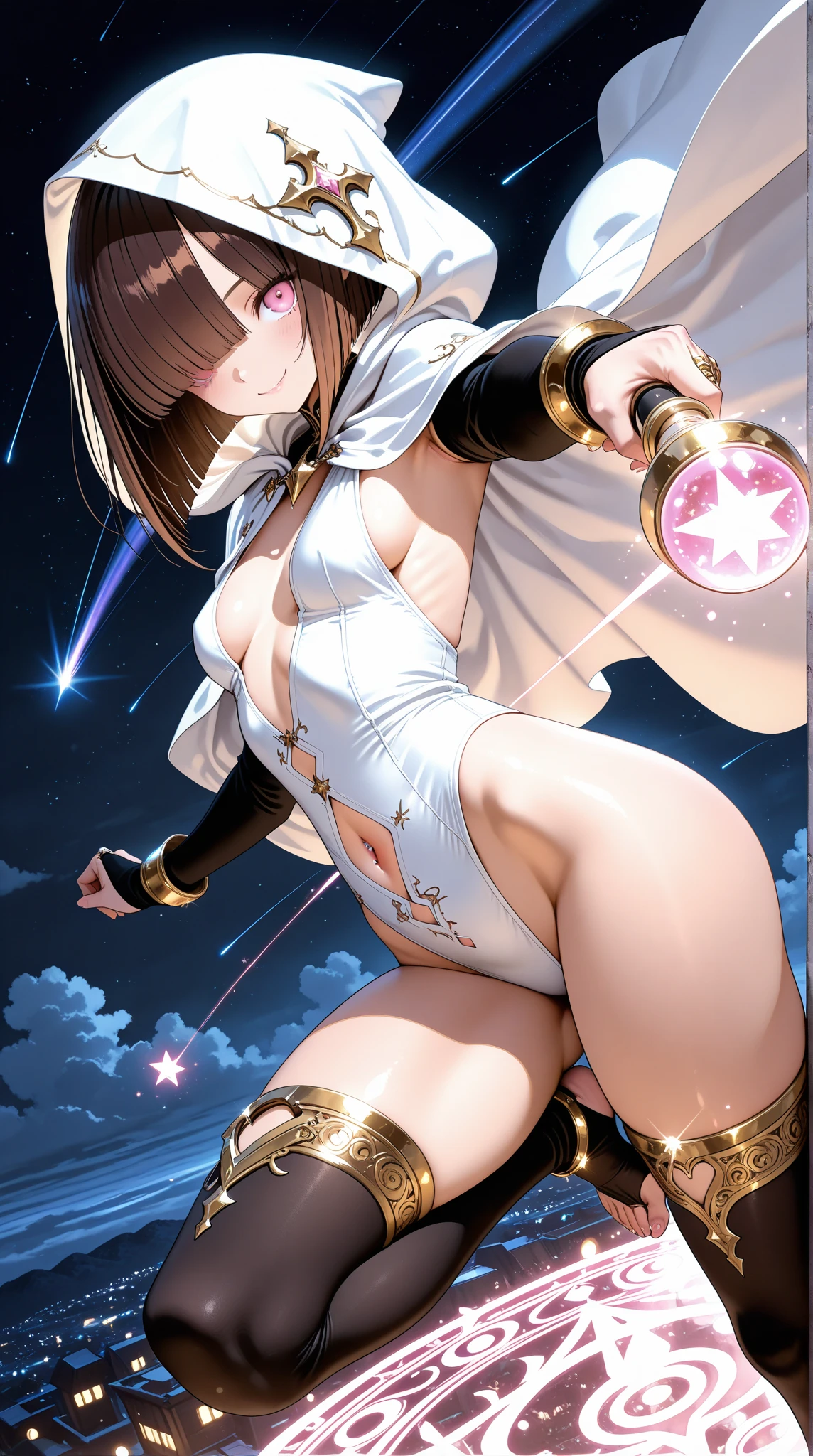masterpiece, Highest quality, Super detailed, Super detailed, One girl, Medium chest, ((leotard, white and red leotard, barefoot, Tight belt, Gold Belt)), boots, matching boots, ankle boots, white boots, gloves, white gloves, alone, single, Hands on hips, Stand Upright, Full Body Shot, Cowboy Shot, Superhero, Beautiful attention to detail, Mature Woman, ((Gold star symbol on chest)), Brown Hair, short hair, Bob Hair, Purple eyes, No sleeve, Perfect Anatomy, Spread your arms, spinning, spins fast in place like a tornado, Spin around on the spot, tornado spinning, Rapid rotation, Space Background, Motion Blur, Speed Line, Spiral Line, tornado, Time Warp, spinning energy pulse, Particles of light, spinning energy pulse, Particles of light. Severe