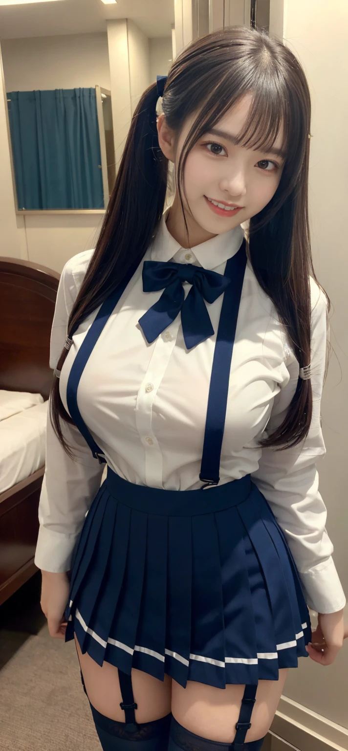 best image quality、realistically、Shining beautiful skin、1 female、Early 20s、bed、idol sculpture、school uniform、uniform skirt、black stockings、white panties、smile at the camera、