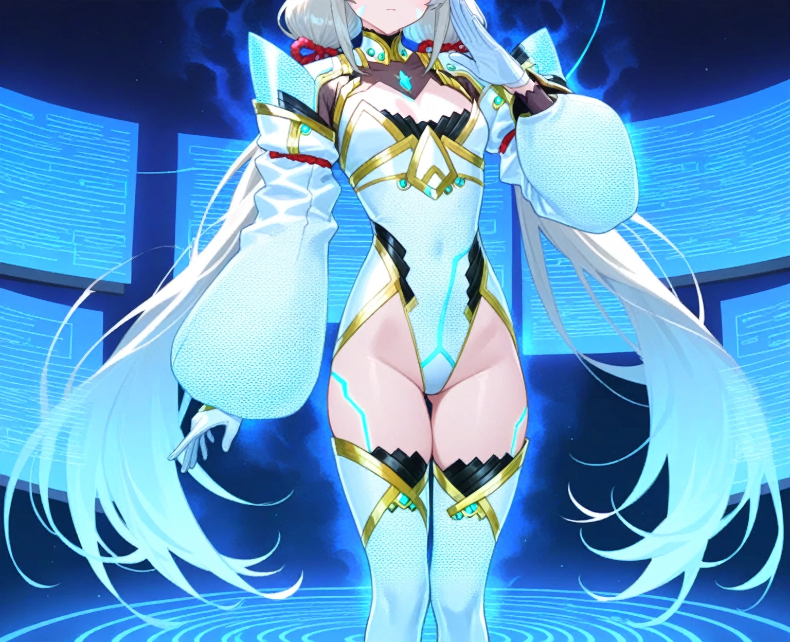 [(NO BACKGROUND:1.5),::5] (WHITE BACKGROUND:1.5), [(SEXY:1.5)::,5] (loli:1.5), (tight armor:1.5), [(SYMETRICAL:1.5),::5] standing, (default pose:1.5), (1girl:1.5), solo, (loli:1.4), full body, small breasts, short hair, looking at viewer, (open coat, robe, blue robe, magical, magician, modern, mecha musume, contemporary, futuristic:1.4), solo, full body, masterpiece, solo, beautiful, detailed eyes, detailed face, (white clothes:1.2), (blue stripes:1.3), (white hair:1.4), (cyberse:1.4), (loli:1.3), absurdres, ultra-detailed, masterpiece, highres, 4k, high quality, digital art, sparkling eyes, (thigh:1.3), (small breasts:1.4), short hair, (bare arms, bare hands:1.4), (navel cutout:1.3), navel