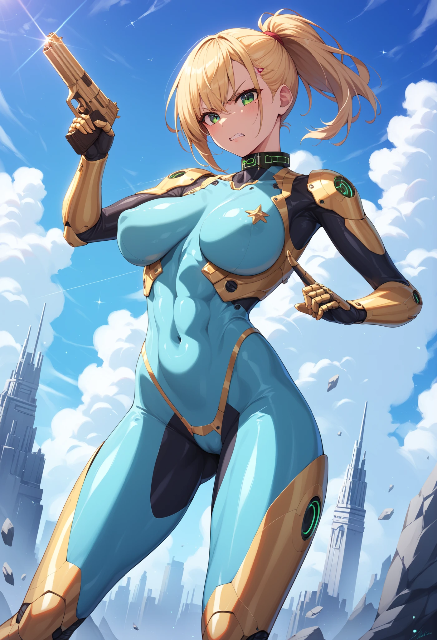 ((Cyborg woman)), ((robot body)), Cheering, break, short hair, ((green hair1.5)), (cat ears a green), bob cut, (((4 defined fingers))), (((1 defined thumb))), (looking at viewer), break, sexy, ((solo)), (1 cute girl), ((highest quality)), ((masterpiece)), (familiar), skindentation, perfect face, 8k , break, black eye, medium breasts, perfect limbs, (visible nipples:0.9), (camel toe:0.5), sexy, (sexy pose), (dutch angle), from below, dynamic pose, deltamon, Sunny weather, ((metallic costume)), (Smile),