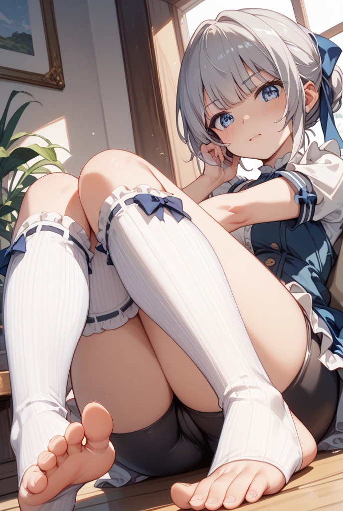 1girl, cute breast, beautiful breasts,black suspenders,(Bulging ,small breasts:1.3),(long Black miniskirt:1.3),garters,Gaze,Small face,bangss,holster,gun Belt Armament holder,her thin pubic hair, (cowboy shot:1.2), (Beautiful and detailed eyes description), (Beautiful and detailed face), Perfect female body, neat figure, slender waist, (young girl), (20 years old), long hair, platinum blonde hair, very big eyes, blue eyes, (medium breasts:1.4), blush, shy, watery lips, nurse, (transparent blue nurse dress), unbuttoned, (white gloves:1.2), (black pantyhose), low heels, school nurse, hospital bed, window, white blue curtains, sunlight, squatting:0.4, (best quality), (ultra detailed), (masterpiece), (highres), (original), (extremely detailed CG unity 8K wallpaper), (NSFW 1.1), full body, beautiful face, shiny skin, thin, nice companion, delicate body, thin legs, naked apron, ((crawl on all fours:0.9)), beautiful front, cute butt,little turn around, (A picture from a very little forward:0.7), bend the body, the skirt is floating in the wind:1.4, light pink panties, thin Pubic hair ,highest quality, high resolution, Real World, Natural light, perfect Natural Light,Realistic, (cute, perfect clothes, cute: 1.3) ,narrow waist,(with sparkling eyes and a contagious smile), open mouth, looking at viewer,
