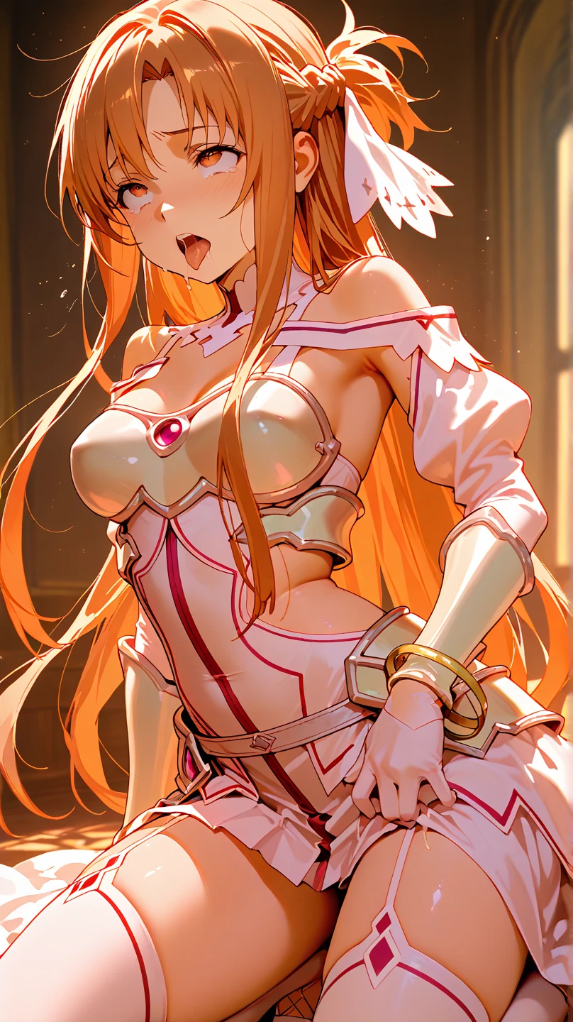Stacia, Asuna, Asuna_\(stele\), 1girl in, (sexypose:1.3), fullnude,nudde,Showing off pale pink nipples ,small protruding pink nipples, ,Show off your wet pale pink genitals to viewers,Fantasia, Hi-Res, Original, realisitic, (Excite), landscapes,ass hole up, The upper part of the body_Body, (sit on grass), 独奏,length hair, (large boob:1.0), Look at viewers, Ahe-face,Organistic Face,open open mouth, bangss ,A detailed eye, beatiful backgrounds, (forrest),orange color hair, (Spread your legs apart:1.4), thighs thighs thighs thighs, gloves, Brown-eyed, Very long hair, is standing, (full body Esbian:1.5), white glove,No Underwear,white thighhig, garter strap, breezing, ABEC,White liquid dripping from the genitals,