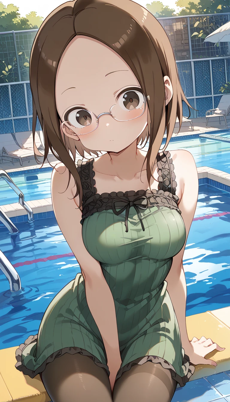 masutepiece, Best Quality, Detailed, Wallpaper, 1girl in, Solo, Green eyes,Green leotard、Pond in the background、is standing